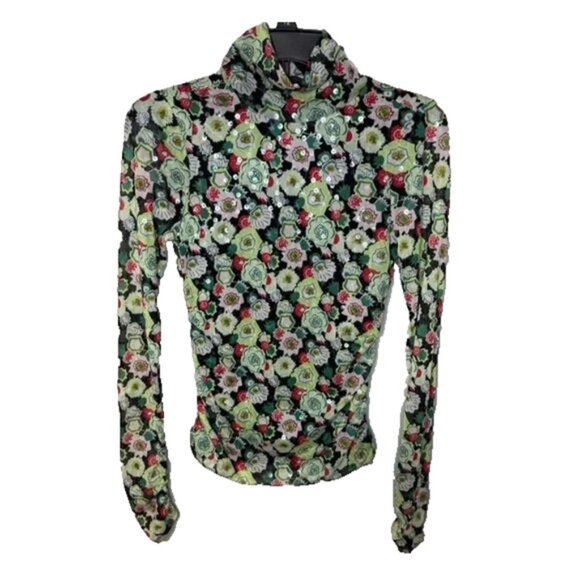 Cinq a Sept Sequin Embellished Shirred Mesh Turtleneck Top Long Sleeve Green S - Picture 3 of 8